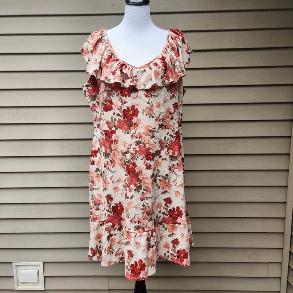 Cato Plus Multicolor Floral Print Dress Cream Red Flounce Hem Crepe Ruffle - Picture 2 of 16